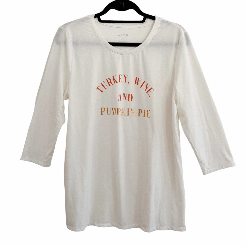 Apt 9 T-Shirt Medium Graphic Tee Thanksgiving Round Neck 3/4 Sleeve Stretch